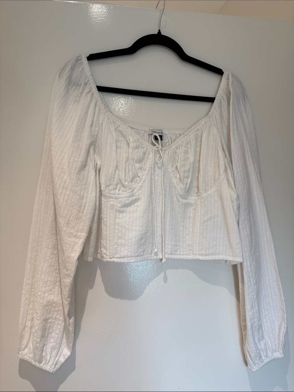 American Eagle Outfitters White Peasant Tie-Front Long Sleeve Top